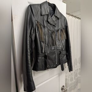 Vintage Black Leather Fringe Jacket PTP 17" Length 23.5"